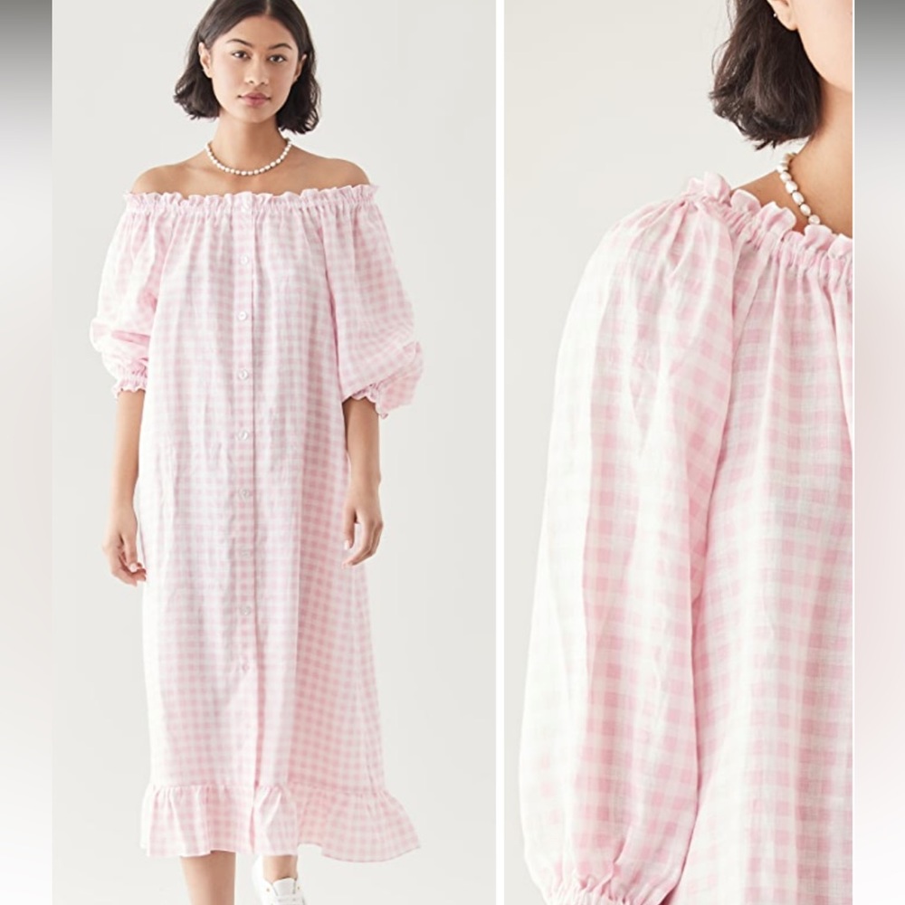 Sleeper Women’s Linen Lounge Dress Puff Sleeve Ruffle Hem in Pink Check